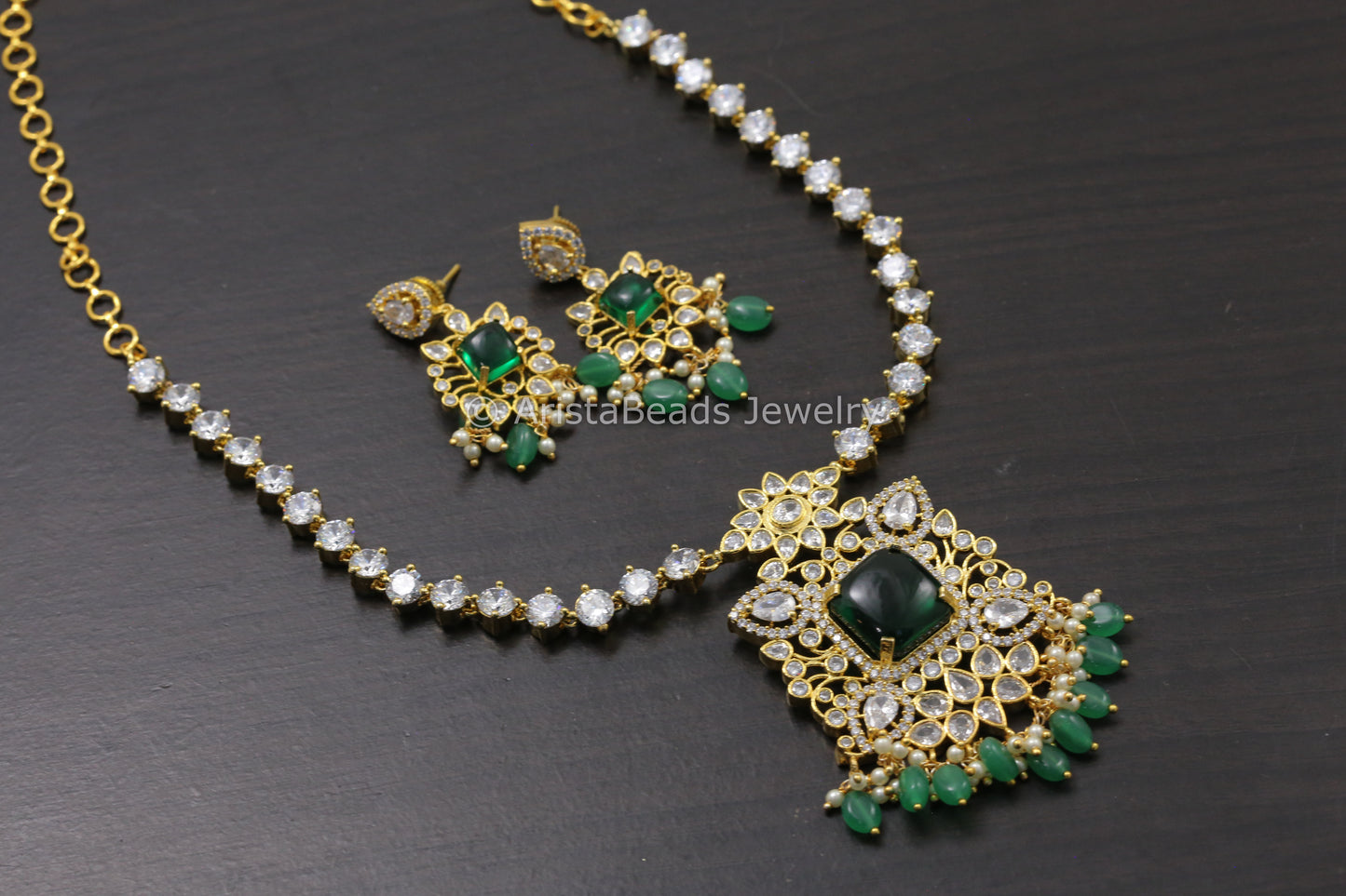 Next To Real CZ Polki & Pota Stone Necklace Set  - Green & Clear