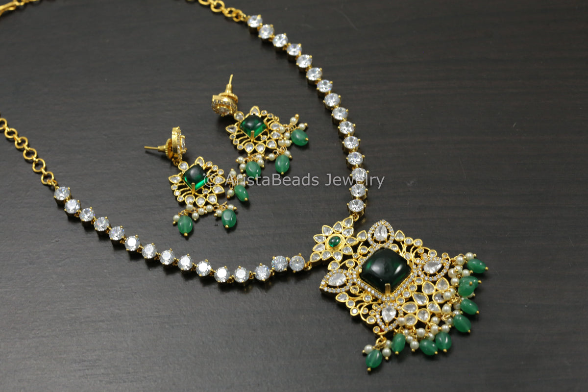 Next To Real CZ Polki & Pota Stone Necklace Set
