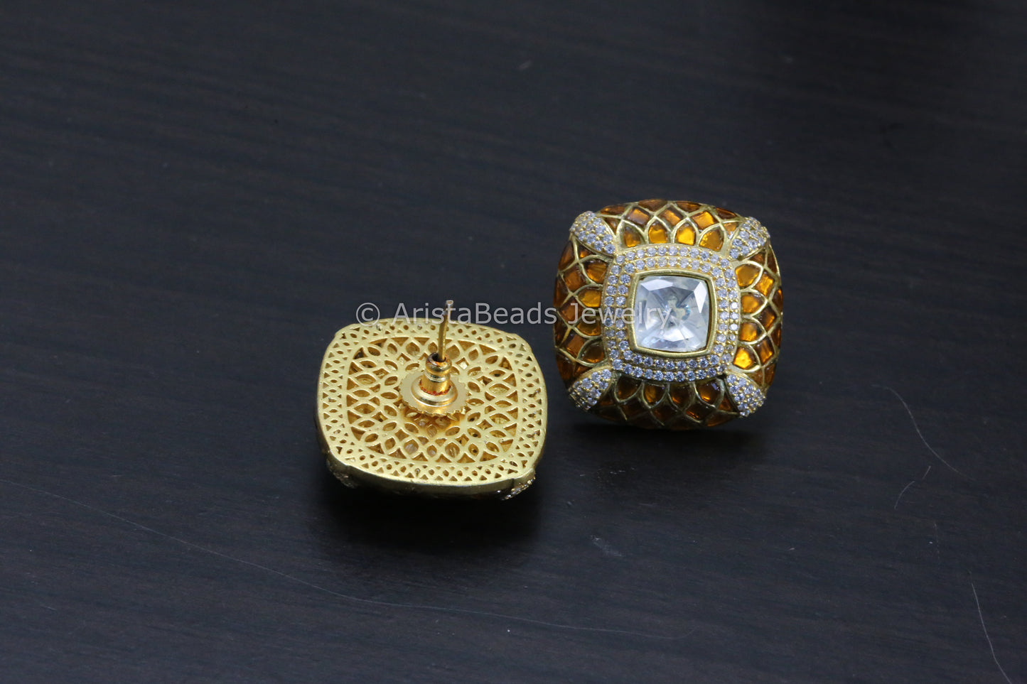Next To Real Large Moissanite Polki & Jadau Stone Studs - Mustard