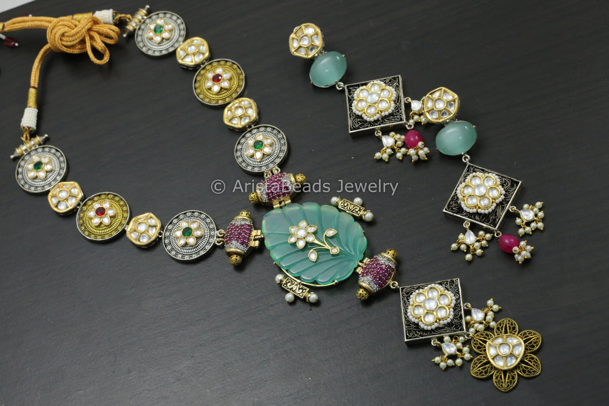Premium Jadau Work Kundan & CZ Necklace Set - Carved Mint Stone