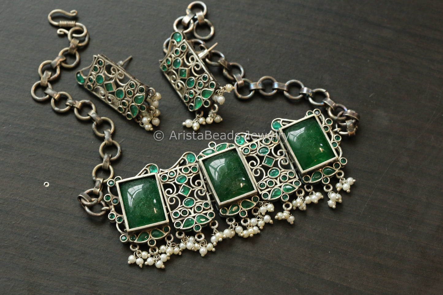 Green Quartz Oxidized Choker Set