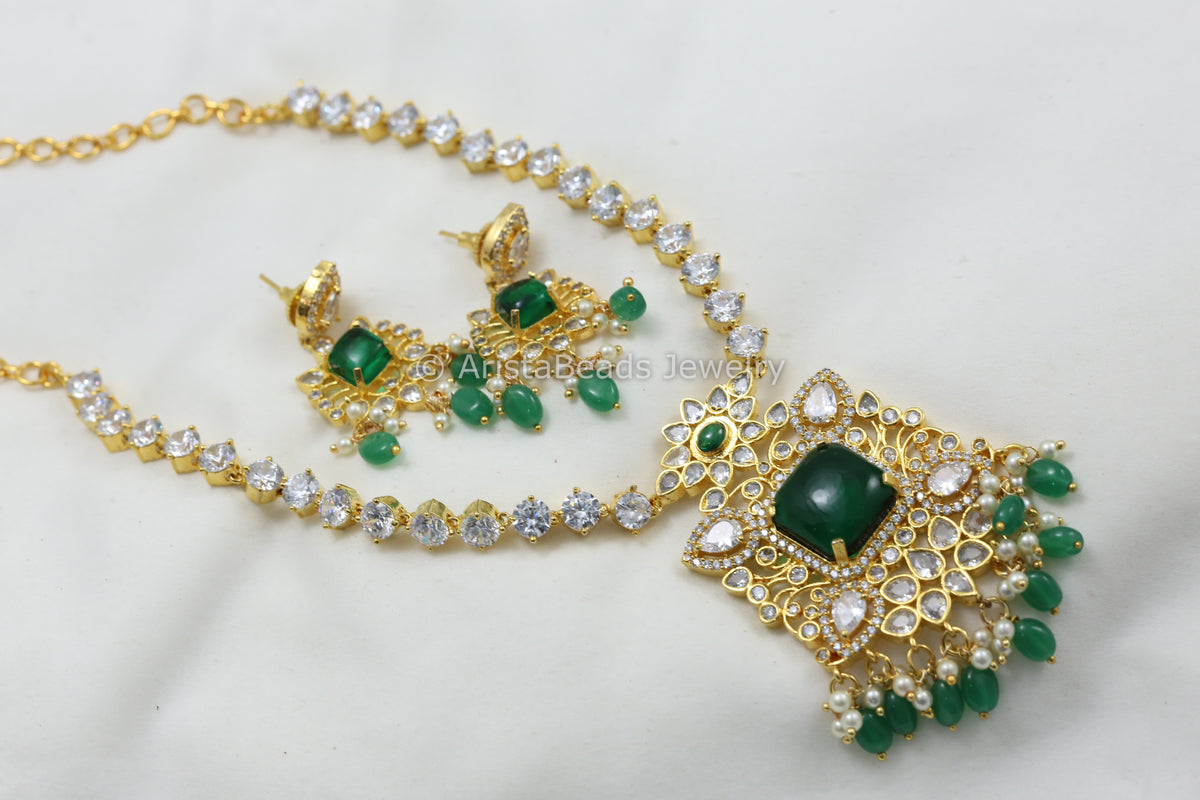 Next To Real CZ Polki & Pota Stone Necklace Set