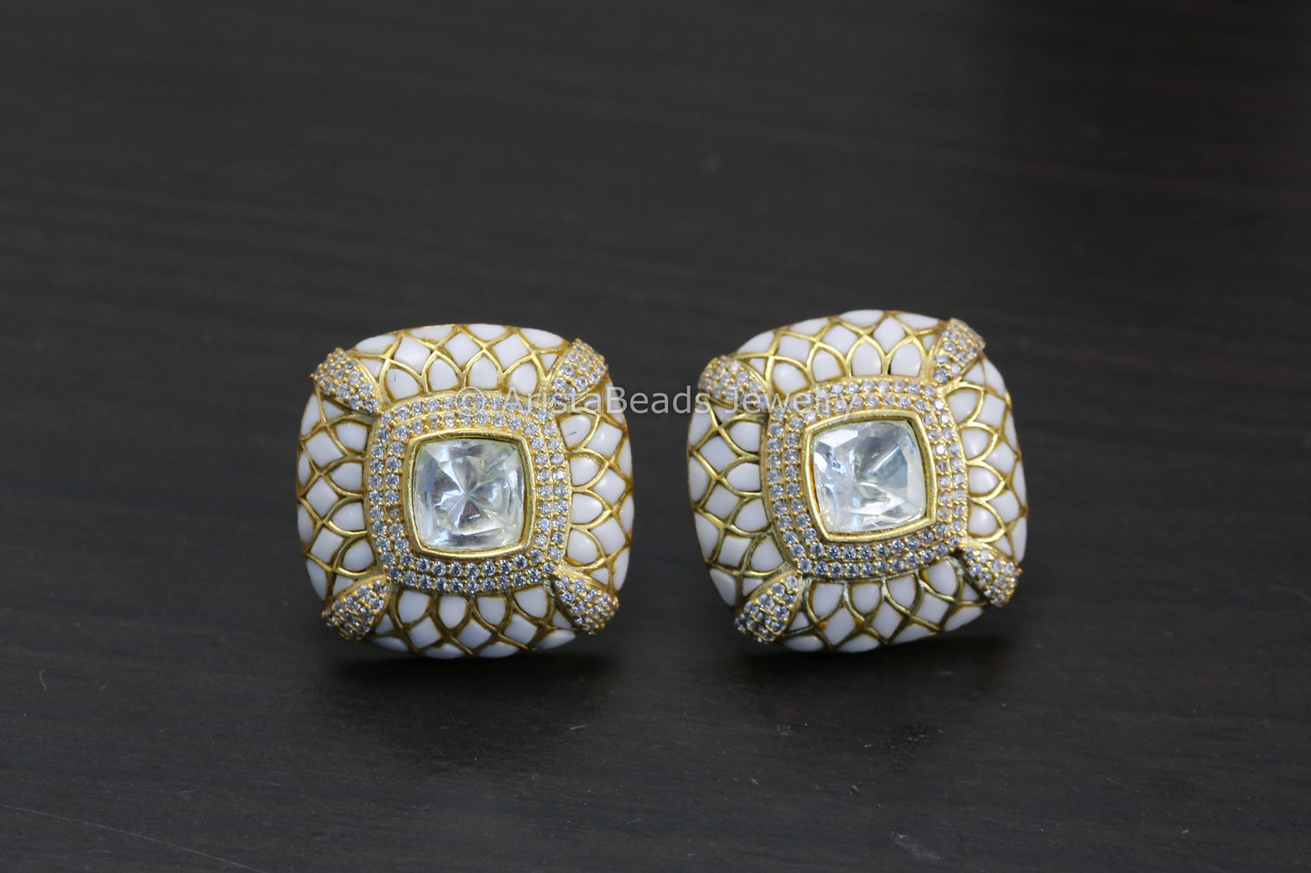 Next To Real Large Moissanite Polki & Jadau Stone Studs - Ivory