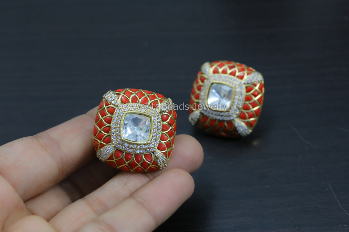 Next To Real Large Moissanite Polki & Jadau Stone Studs - Coral