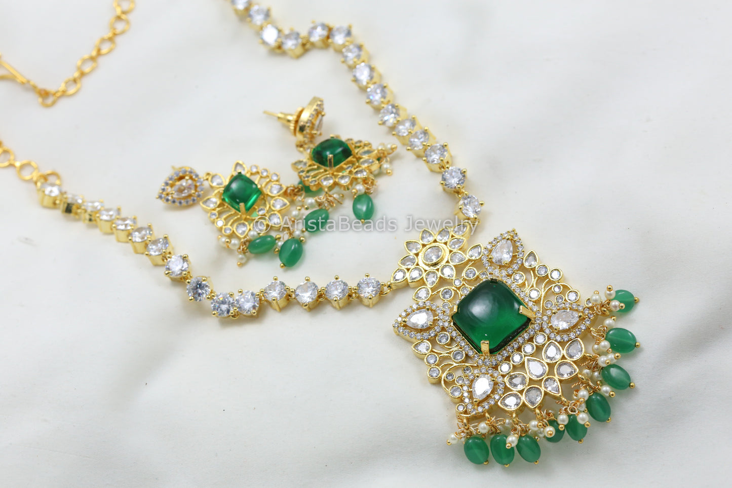 Next To Real CZ Polki & Pota Stone Necklace Set  - Green & Clear