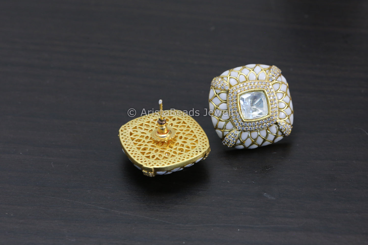Next To Real Large Moissanite Polki & Jadau Stone Studs - Ivory