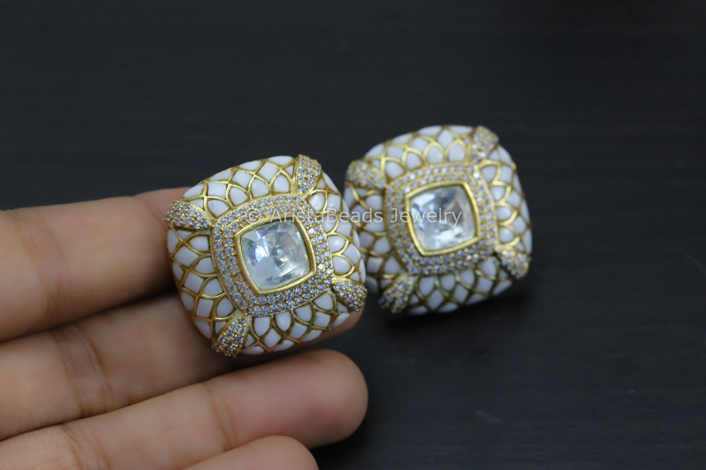 Next To Real Large Moissanite Polki & Jadau Stone Studs - Ivory