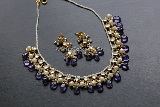 Dainty Pachi Kundan Necklace Set - Purple Drops
