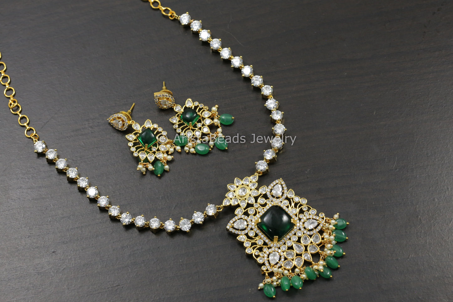 Next To Real CZ Polki & Pota Stone Necklace Set  - Green & Clear