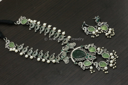 Carved Stone Oxidized Peacock Necklace Set - Green