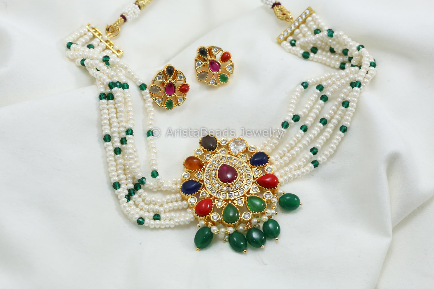 Navratan CZ & Kemp Polki Necklace Set