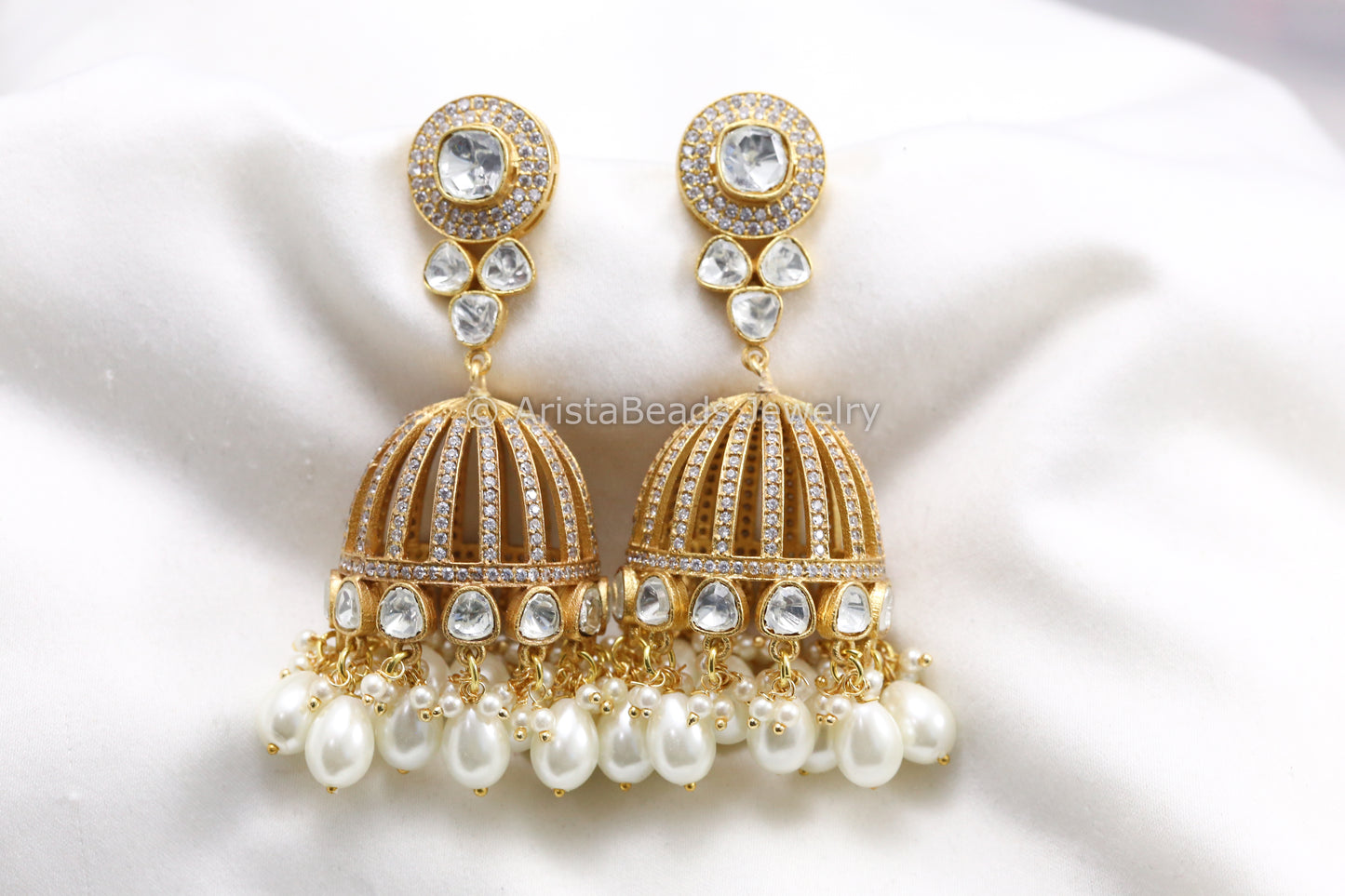 Moissanite Polki & Micro CZ Jhumka - Pearls