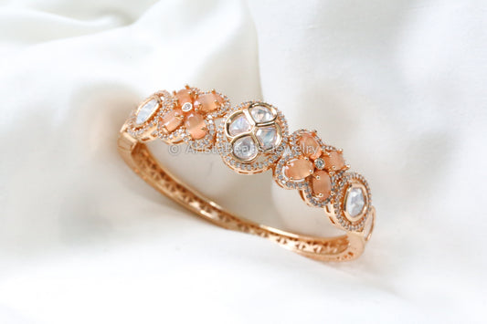 Premium Uncut Kundan & Pota  Bracelet (Openable) - Orange
