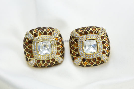 Next To Real Large Moissanite Polki & Jadau Stone Studs - Brown
