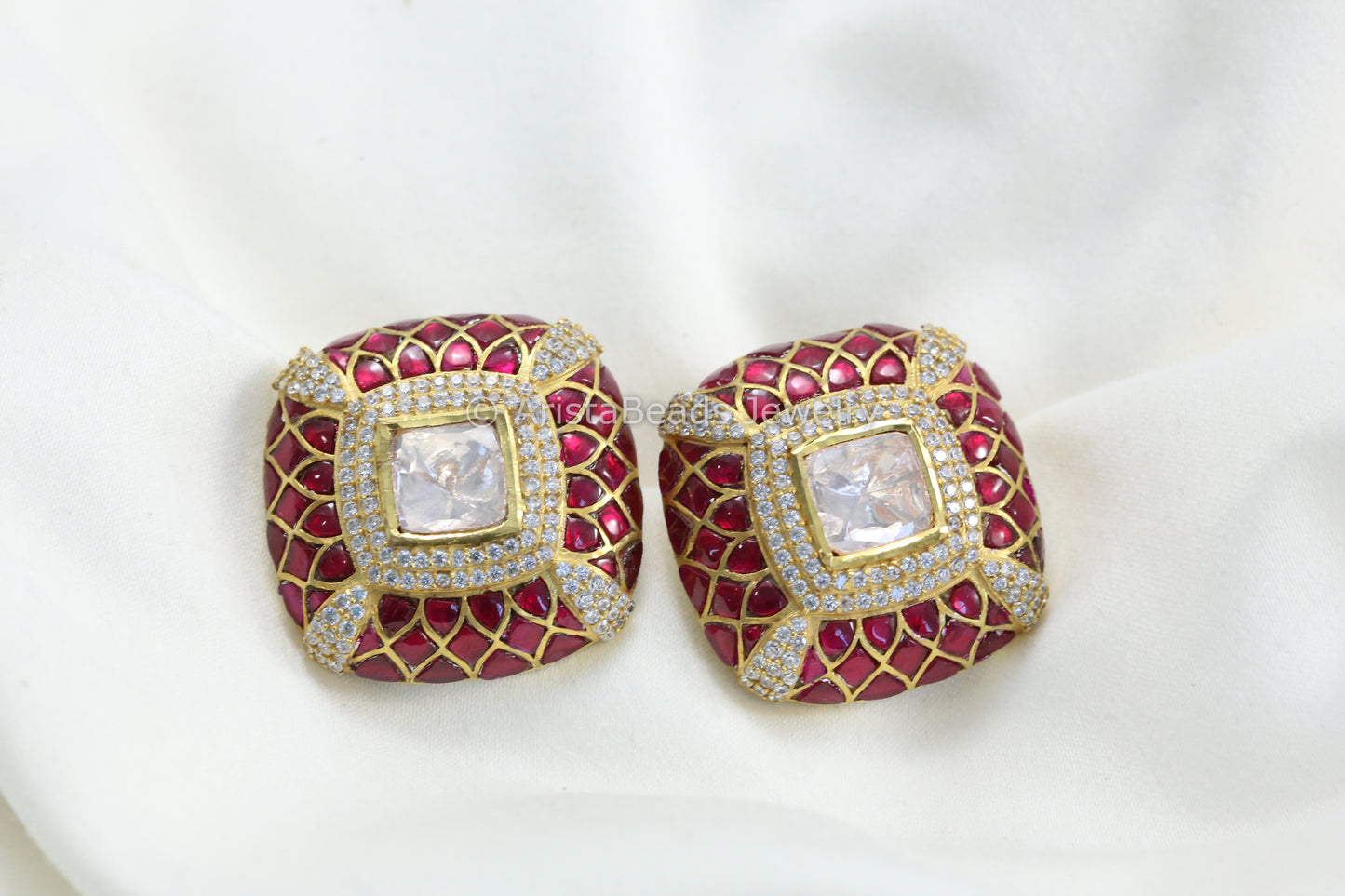 Next To Real Large Moissanite Polki & Jadau Stone Studs - Ruby