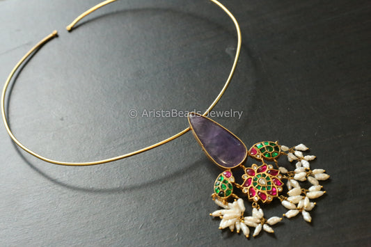 Amethyst Cab & Jadau Hasli Necklace (Adjustable)