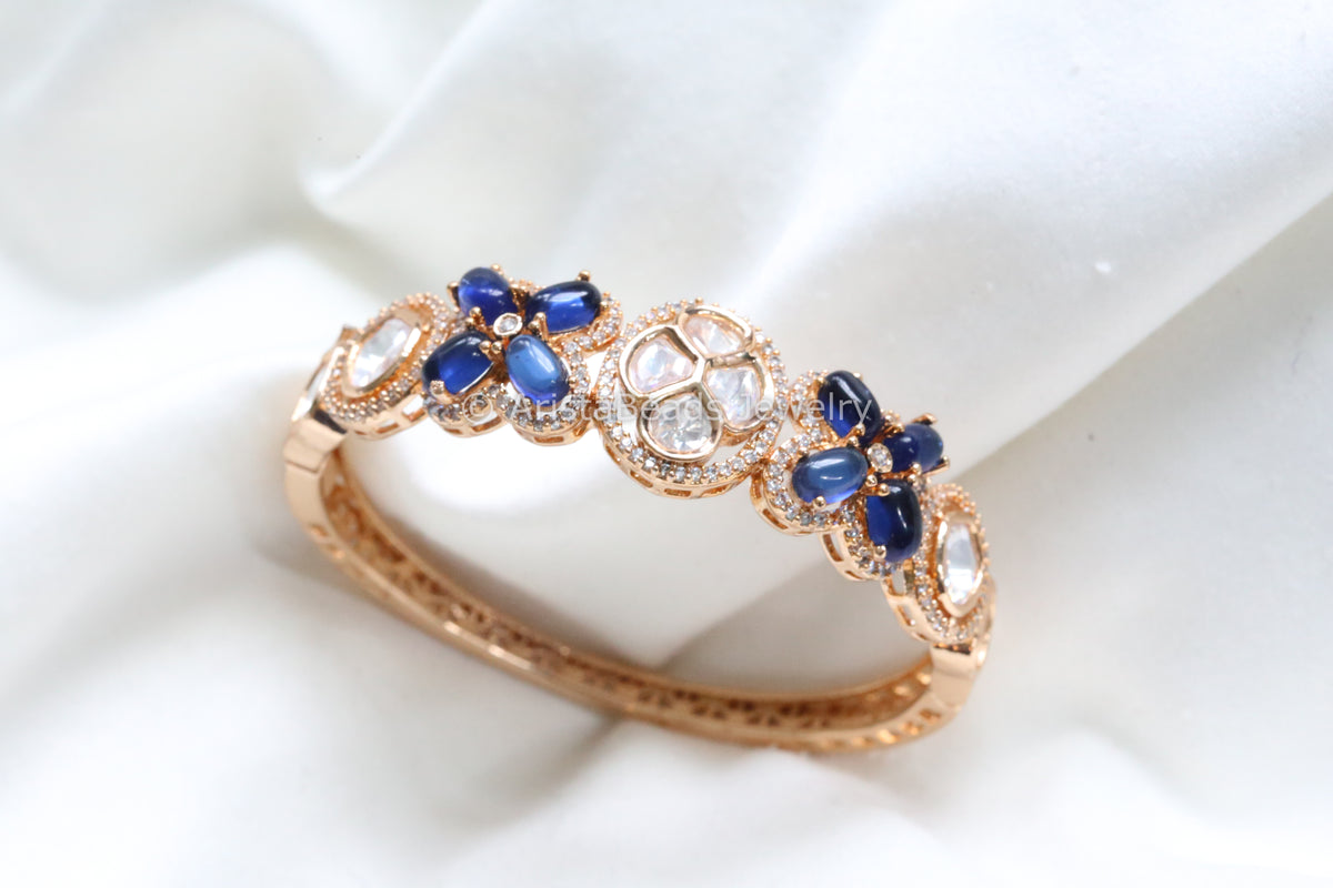 Premium Uncut Kundan & Pota  Bracelet (Openable) - Blue