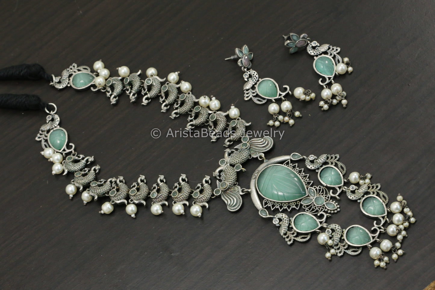Carved Stone Oxidized Peacock Necklace Set - Mint