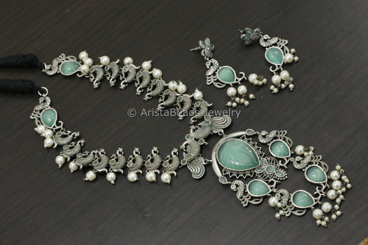 Carved Stone Oxidized Peacock Necklace Set - Mint