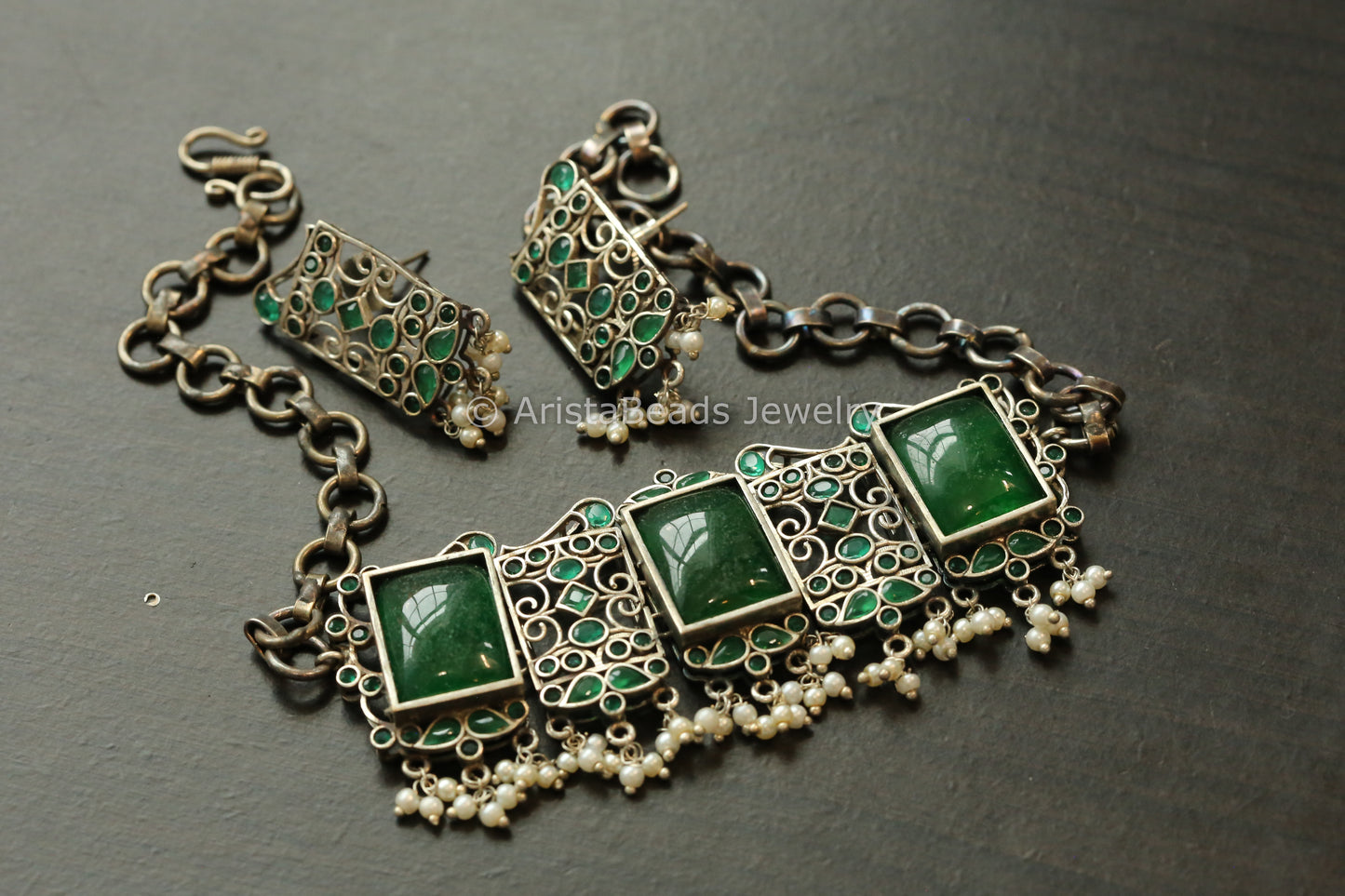 Green Quartz Oxidized Choker Set