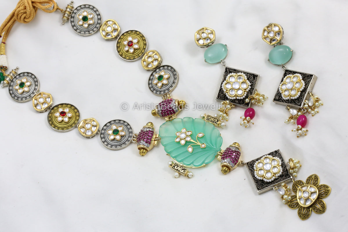 Premium Jadau Work Kundan & CZ Necklace Set - Carved Mint Stone