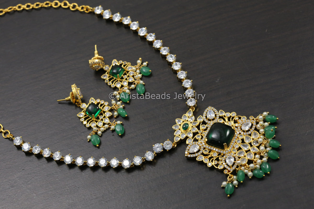 Next To Real CZ Polki & Pota Stone Necklace Set