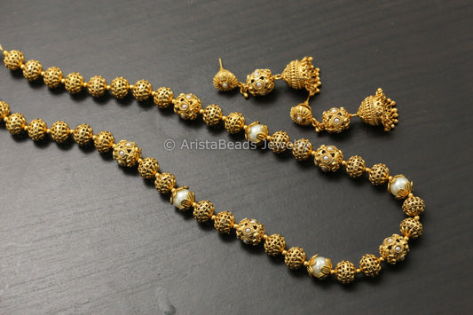 Antique Gold Beaded Mala Set - Pearl