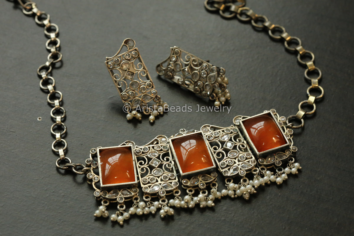 Orange Quartz Oxidized Choker Set