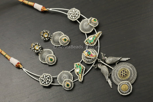 Silver Look Pachi Kundan Hasli Necklace Set - Green