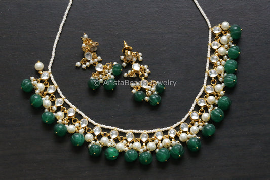 Dainty Clear Pachi Kundan Necklace Set - Green Melon Drops