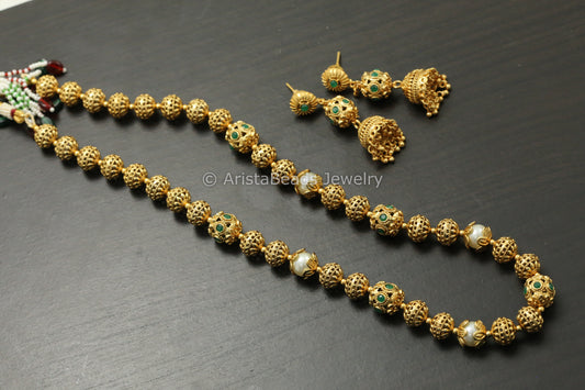 Antique Gold Beaded Mala Set - Green
