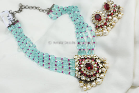 Victorian Uncut Kundan Necklace Set -Aqua