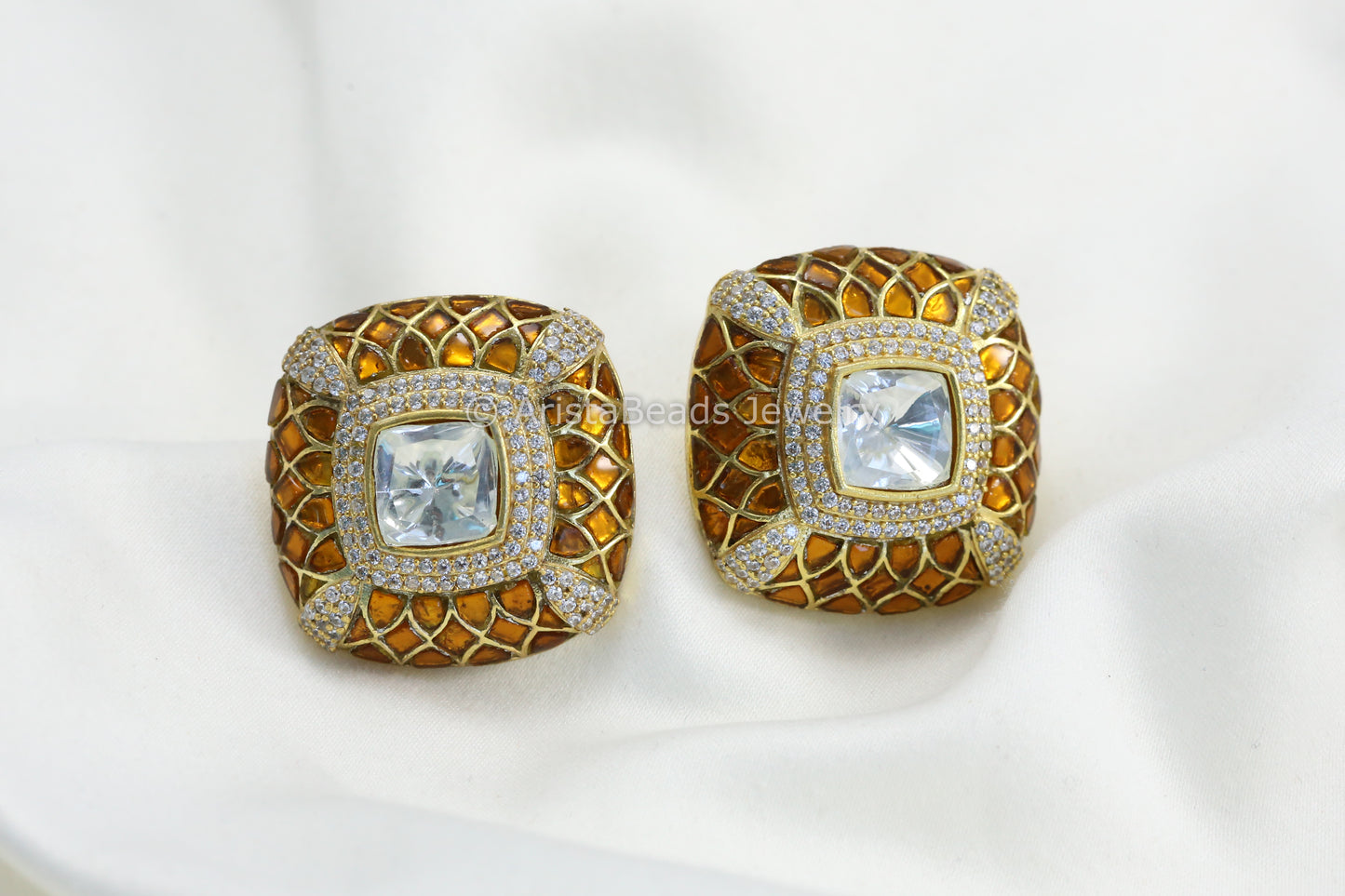 Next To Real Large Moissanite Polki & Jadau Stone Studs - Mustard