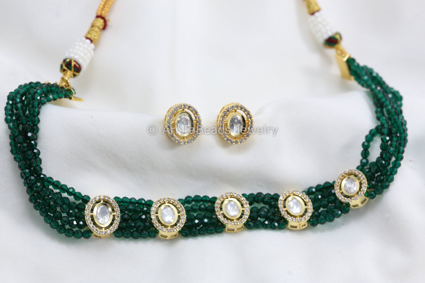 Dainty Hydro Beads Uncut Polki Choker Set - Green