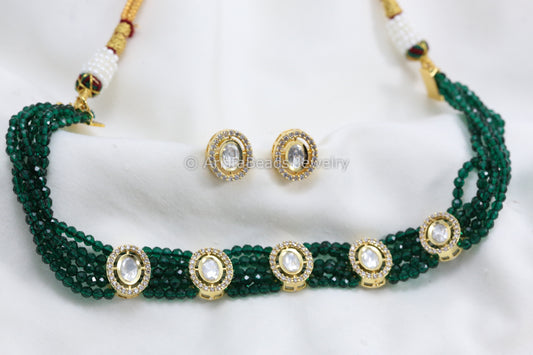 Dainty Hydro Beads Uncut Polki Choker Set - Green