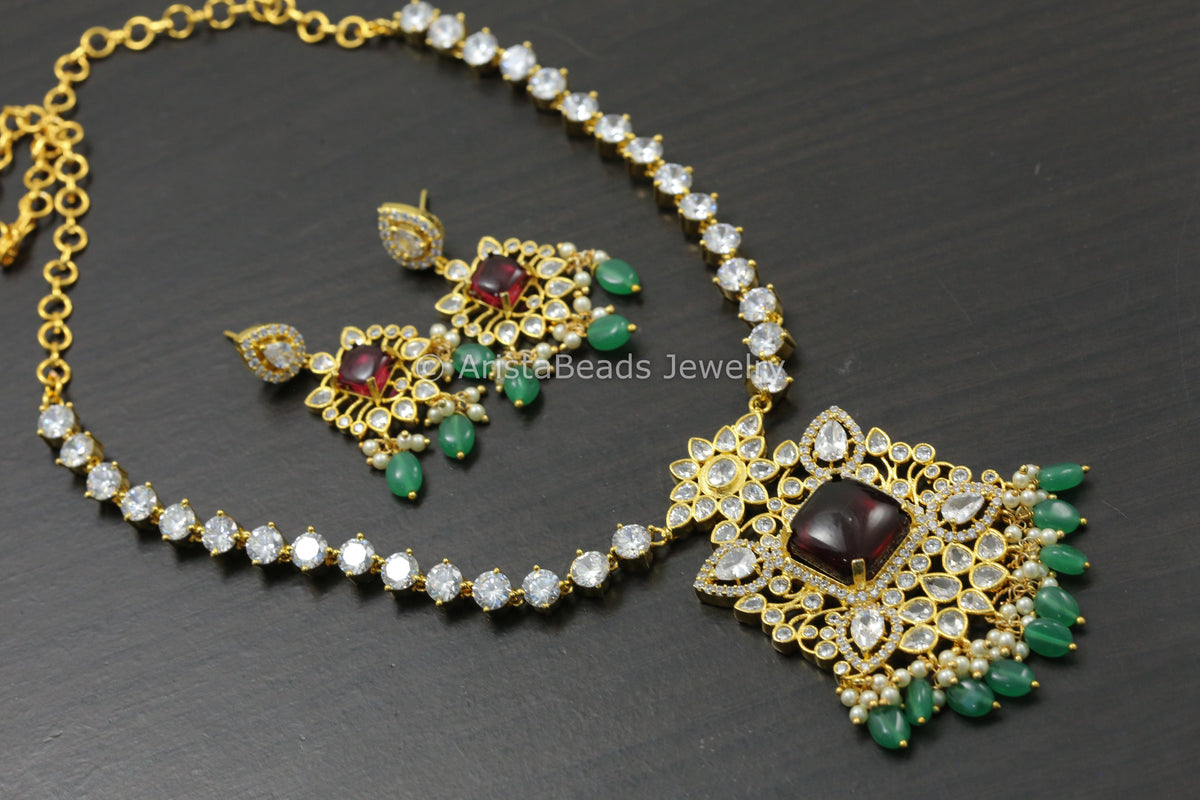 Next To Real CZ Polki & Pota Stone Necklace Set  - Ruby