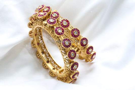 Ruby CZ & Polki Pacheli Bangle Set (Openable)