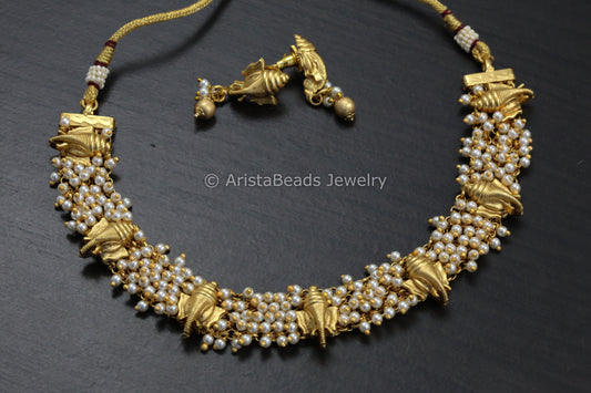 Gajra Style Ganesha Temple Necklace Set - Pearl