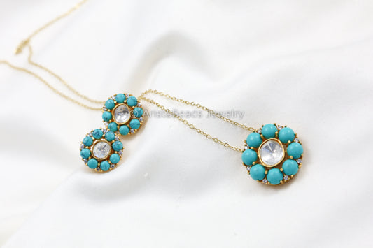 Dainty Uncut Polki Pendant Set - Turquoise