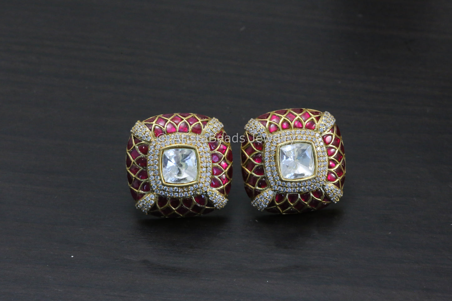 Next To Real Large Moissanite Polki & Jadau Stone Studs - Ruby