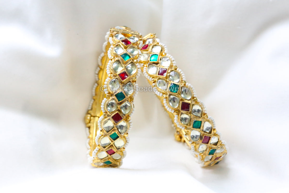 Pachi Kundan Bangle Set (Openable) - Multi