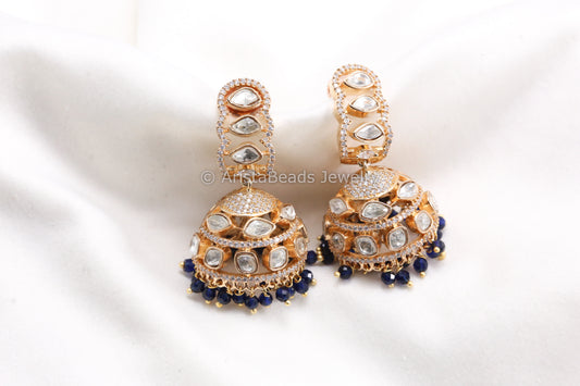 Gold CZ & Uncut Polki Jhumka - Blue