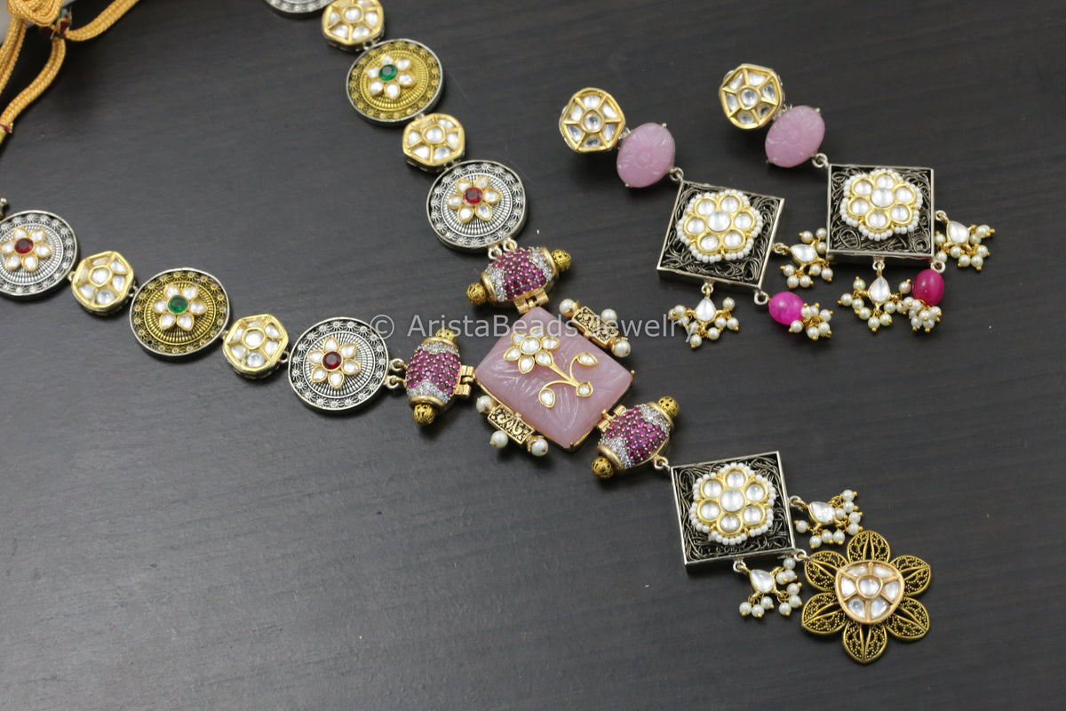 Premium Jadau Work Kundan & CZ Necklace Set - Carved Pink Stone