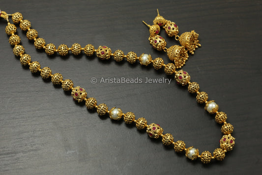 Antique Gold Beaded Mala Set - Ruby