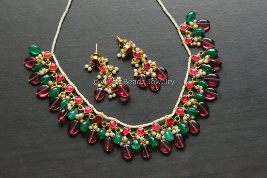 Dainty Ruby Pachi Kundan Necklace Set - Multi Drops