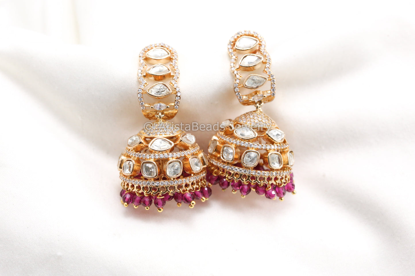 Gold CZ & Uncut Polki Jhumka - Ruby