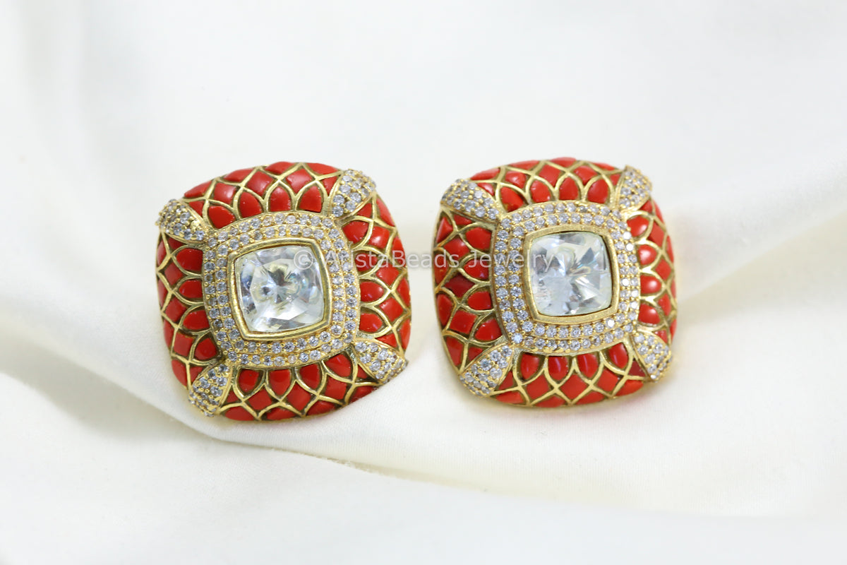 Next To Real Large Moissanite Polki & Jadau Stone Studs - Coral