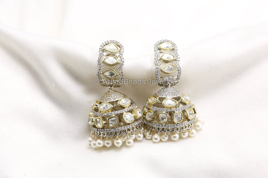 Dual Tone CZ & Uncut Polki Jhumka - Pearl