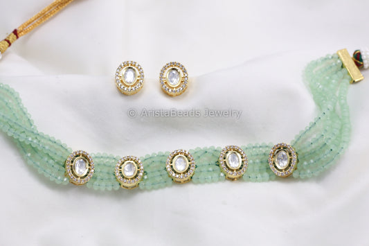 Dainty Hydro Beads Uncut Polki Choker Set - Mint