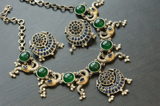 Dual Tone Peacock Monalisa Stones Necklace - Green Blue